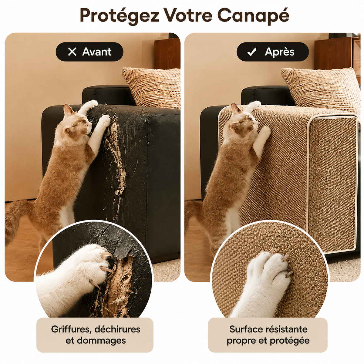 Protection Canapé Réglable Effet Sisal Anti-Griffures pour Chat