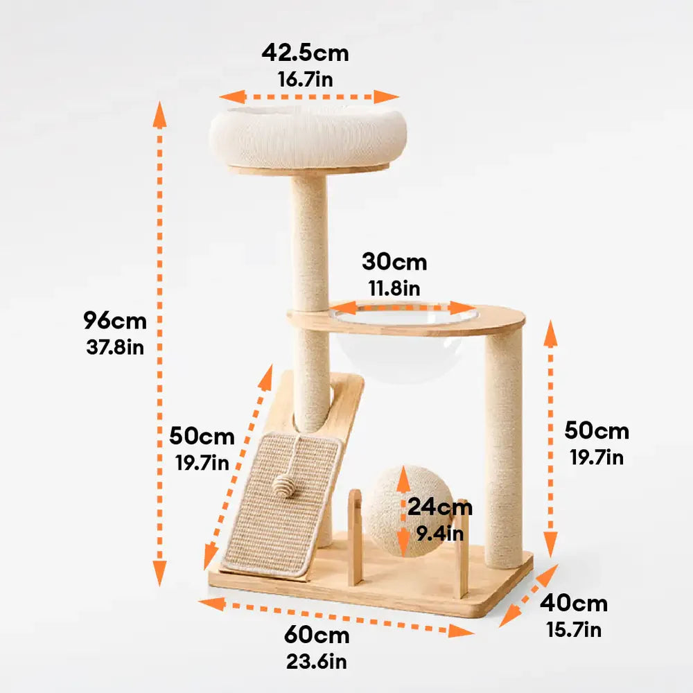 Arbre à Chat Moderne Multifonction en Bois avec Capsule Transparente
