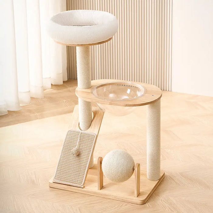 Arbre à Chat Moderne Multifonction en Bois avec Capsule Transparente